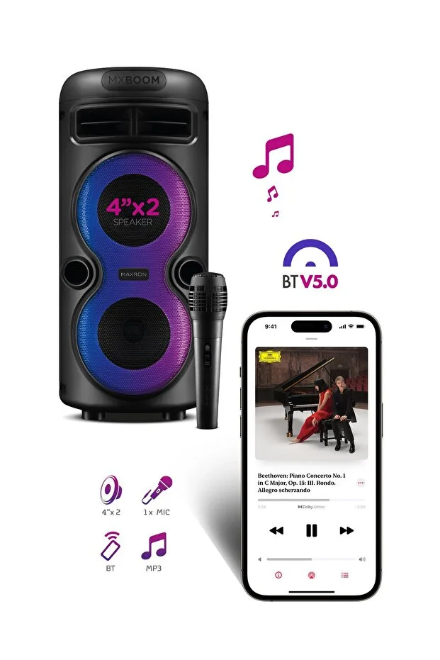 Maxron MXBoom Karaoke Mikrofonlu Bluetooth Hoparlör Parti Led Işıklı Ses Sistemi
